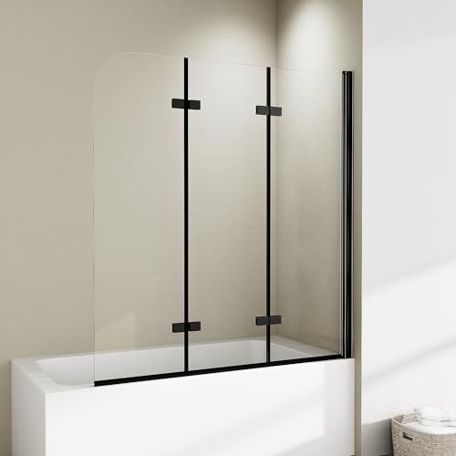 Goezes Duschwand für Badewanne 120x140cm 3-teilig Schwarz Duschtrennwand, 120 cm Faltbar Duschabtrennung Badewannenwand Dreiteilige Glastrennwand aus 6mm ESG Nano Sicherheitsglas