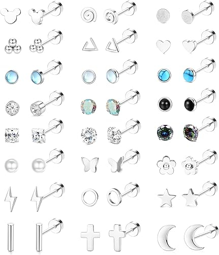Diamday 24Paare Edelstahl Piercing Ohrstecker Damen Herren 20G Klein Knorpel Ohrstecker Set CZ Stern Mond Blume Schlange Opal Flat Back Ohrringe Hypoallergen Mehrere Geometrische Helix Piercing Ohr