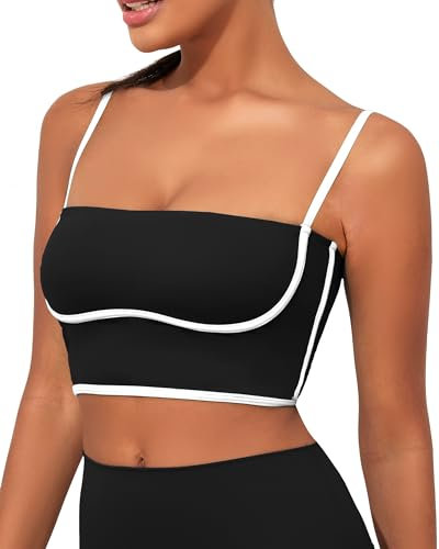 Damen Workout Tank Tops quadratischer Ausschnitt Longline Sport BH Unterstützung Crop Yoga Top Spaghettiträger Camisole Eingebaute BHS, Schwarzer Longline Sport-BH, Klein