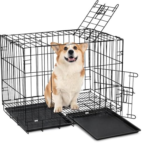 The Fellie 33in Large Dog Crate, Dog Cage With Easy Clean Removable Plastic Tray, 2 Doors Puppy Pet Dog Cage, Folding Metal Wire Training Dog Crate, XL Large Dog Crate, 85 * 60 * 70cm, Black