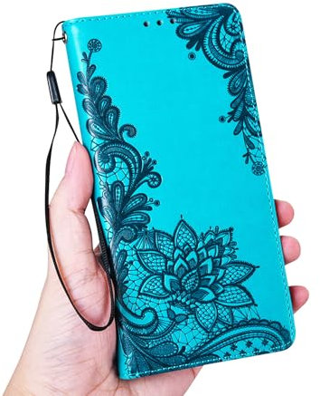 EuoDuo Kompatibel mit Samsung Galaxy S20 FE Handyhülle zum Klappen PU Leder Hülle Klappbar Geblümt Muster Flip Cover Schutzhülle Wallet Kartenfächer Brieftasche Case - Türkis