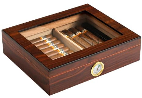 Zigarren-Humidor Aus Zedernholz, FüR 35 Zigarren, Glasplatte, Hygrometer, Zigarren-Humidor Mit Trennwand, Aufbewahrungsbox FüR Zigarren Mit Konstanter Temperatur,Walnut