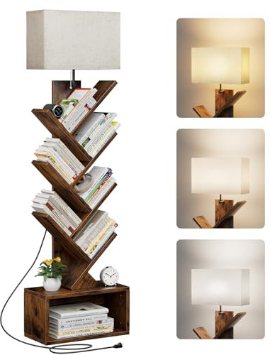 Evermagin Libreria ad albero a 6 livelli con luce, a torre stretta, organizer per libri da pavimento alto con mobiletto per soggiorno, camera da letto e ufficio domestico, marrone rustico