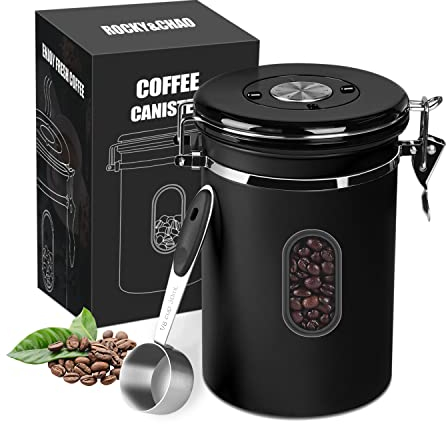 ROCKY&CHAO Kaffeedose Luftdicht aus Edelstahl 1,5L Kaffeebhnen Behälter mit Sichtfenster an der Seite Vorratsdose für 500g Tee Nüsse Kakao Länger und Frisch Bleiben(Schwarz)