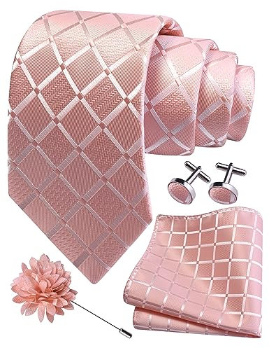 Gusleson Mens Rose Gold Tie Silk Plaid Checkered Wedding Necktie Pocket Square Cufflinks and Lapel Pin Brooch Set (UK6104-14)