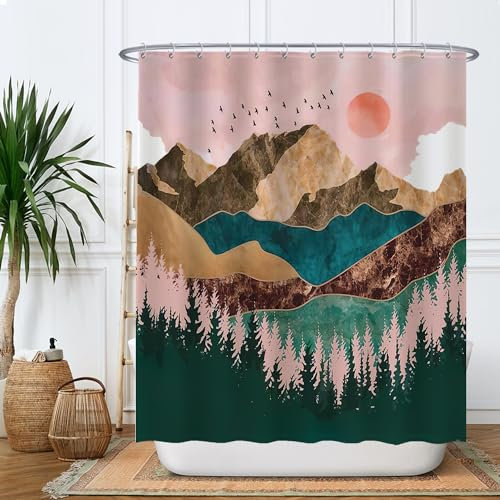 Ulticool Tenda da doccia – naturale sole montagna bohemiana – 180 x 180 cm – lavabile – anti muffa – impermeabile – con 12 anelli – verde rosa marrone