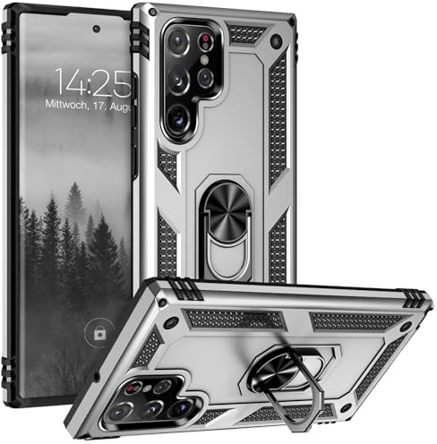 LBH Outdoor Hülle für Samsung Galaxy S22 Ultra Armor Militär Stoßfest Handyhülle 360 Grad Metal Ring Halter Ständer Schutzhülle für Handyhalterung Auto Magnet Silber
