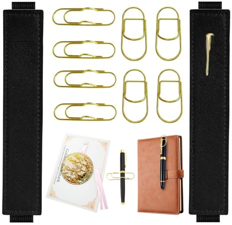 FEIQIAO 10pcs Multifunktionale Stiftstation, Set Einschließlich Verstellbarem Gummiband Stifthalter, Klebe Bleistift Schlaufe für Notebook, Tragbare Metall Bürostift Clips, Fahrradform Büroklammer