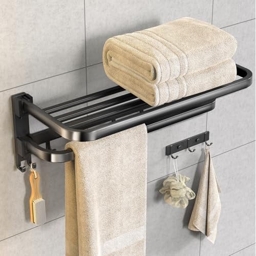 24 Inch Towel Racks for Bathroom with Towel Bar, Foldable Bath Towel Holder Hanger with 7Hook, Rustproof Towel Shelf Organizer Wall Mounted for Lavatory Storage Washroom Toilet