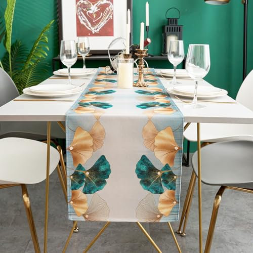Kiatuniya Tischläufer Modern Blau Grün Petrol Gold Ginkgo Biloba Herbst Wohnzimmer Deko Türkis Vintage Tischdeko Esstisch Landhausstil Winter Table Runner für Urlaub Party Küche 33x183cm