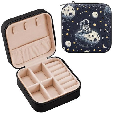 ALAZA Schmuckkästchen für Frauen und Mädchen, einsamer Astronaut auf dem Mond, Stern, kleine Reise-Schmuckschatulle, tragbare Schmuck-Aufbewahrungsbox, PU-Leder, für Ringe, Ohrringe, Halsketten,
