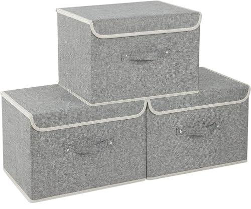 ENUMAIL Fabric Organizers, Storage Boxes with Flip-Top Lid and Handles, Cube Bins for Organizing Home, Office and Closet, Grey, 3 Pack, 38x25x25cm