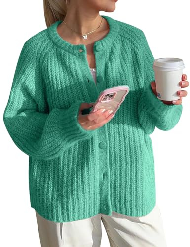 COZYPOIN Cardigan da donna a maniche lunghe aperto sul davanti, lavorato a maglia, con bottoni, capispalla, Verde, M