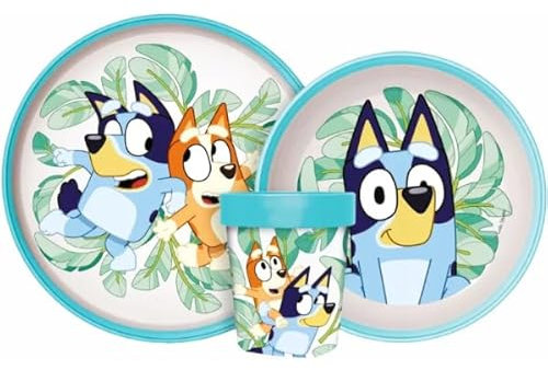 Juego de vajilla reutilizable para niños bicolor – Juego compuesto por 3 piezas: Plato, cuenco y vaso para niños y bebés con base antideslizante – Libre de BPA (para Bluey)