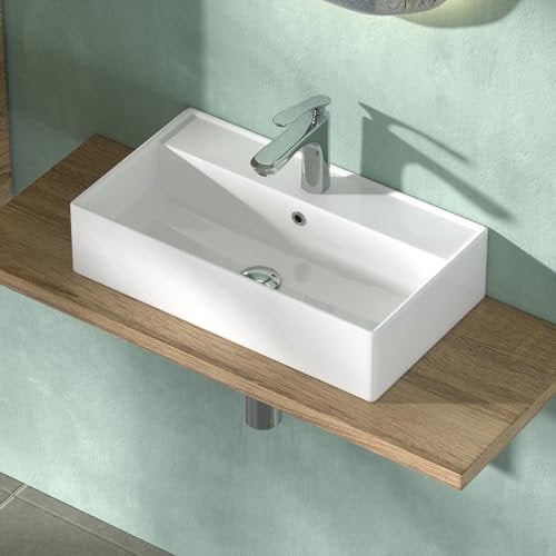 CASAMO Waschbecken Waschtisch aus Keramik - Aufsatzwaschbecken Bad - Hängewaschbecken Eckig - Waschtisch/Waschplätze Gäste WC Weiß 55 x 31 x 13 cm