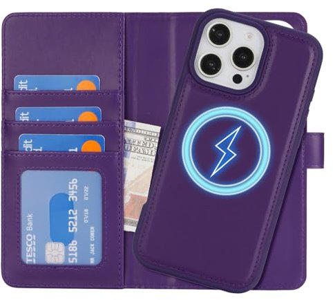 Zouzt Case for iPhone 16 Pro Max 6.9 Inch, 2 in 1 Detachable Wallet with Card Holder for MagSafe Magnetic Wireless Charging Premium PU Leather Flip Folio Kickstand Shockproof Cover Women, Dark Purple