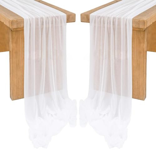Chiffon Stoff Meterware,2 Stück Tischläufer Weiß,Chiffon Tischläufer Weiss, Chiffon Weiß Stoff,77 x 300 cm,Tischdeko Hochzeit Table Runner Tischdecke Weißer Dekostoff