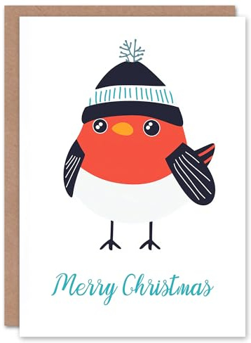 Artery8 Cute Robin Bird With Winter Hat Bright Modern Blank For Him Or Her Art Christmas Card