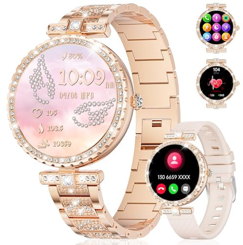 Damen Smartwatch 1.19 AMOLED Always-On Display - Bluetooth Anrufe für Android iOS, 100+ Sportmodi, Rund, Rosegold Edelstahl, Herzfrequenz Schlaf Monitor