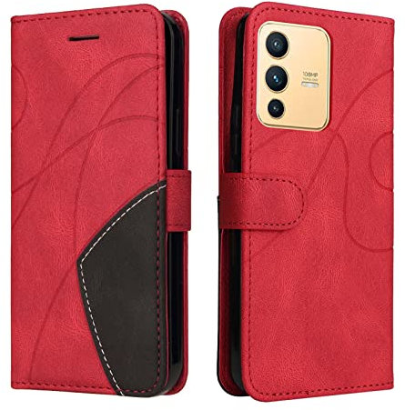 XINNI Handyhülle für vivo V23 5G Hülle, PU/TPU Retro Klappetui Stoßfeste Schutzhülle Flip Magnetisch Telefonhülle, Rot