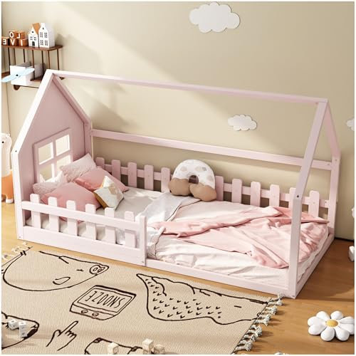 Lubvtti Cama infantil 90 x 200 cm, forma de casita, cama plana con barandilla y base de láminas, sin colchón, rosa
