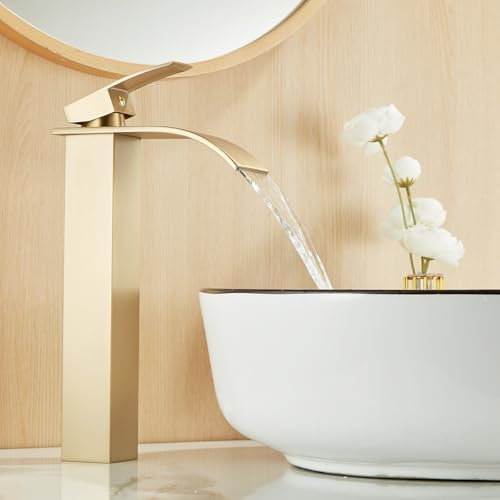 Ankoory Waterfall Bathroom Basin Mixer Tap, High Rise Bathroom Sink Faucet, Mono Single Lever Tall Tap for Counter Top Basin, Modern and Square Taps with Flexible Tails (Brushed Gold)
