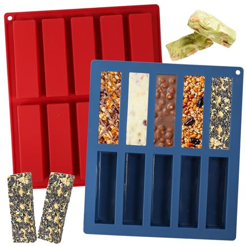 Webake 50g Small Granola Bars Mould 10 Cavity, 2Pcs Mini Chocolate Bar Moulds Silicone Rectangle Energy Cereal Bar Mould for Baking