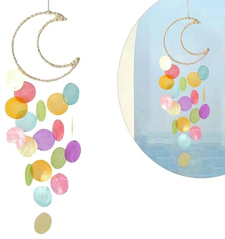LUMOOM Muschel Windspiele, Boho Deko Muschel Traumfänger Girlanden, Einzigartiger Herrlicher Klang, Windspiel Garten Hängend Deko für Terrasse Rasen Garten, Mond (Mehrfarbig)