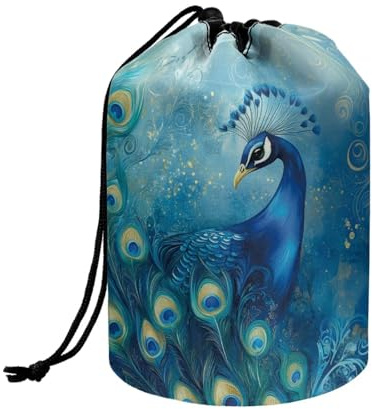Wnbucioht Blue Peacock Drawstring Barrel Makeup Bag Women Girls Travel Cosmetic Bags Foldable Travel Stand up Makeup Bag Multifunctional Toiletry Bucket Bags Round Organizer