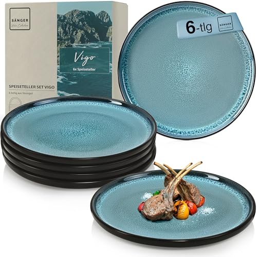 Sänger Vigo | Teller Set 6 Personen, Steingut Geschirr Set 6 teilig, Speiseteller Essteller Dinner Set kratzfest, Plates Set spülmaschinenfest, Speiseteller blau mit schwarzem Rand | VALUE COLLECTION