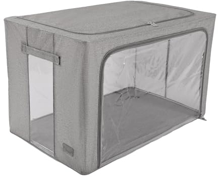 Periea ‘Beau’ Folding Collapsible Stackable Fabric Home Storage Boxes with Steel Frames (Grey Denim Effect, Jumbo)