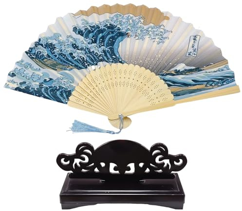 EJUFNS 1 Piece Of Folding Hand-Held Fan And 1 Piece Of Fan Holder, Bamboo Bone Silk Cloth Material, Party Handmade Fan, Hand-Held Decorative Fan.