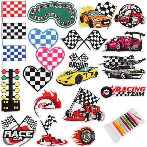 Flicken zum Aufbügeln Kinder, 20 Stück Patches zum Aufbügeln Set, Bügelflicken Kinder Rennstrecken, Aufnäher Kinder, Aufbügelflicken für Kleidung Jacken Rucksäcke Jeans Patches