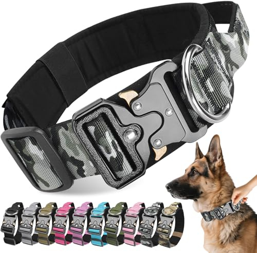 Viugex Collier pour Chien Tactique, Militaire Collier Réglable avec Poignée de Commande, Résistant et Confortable Collier pour Chiens de Taille Moyenne Grand Entraînement (Camouflage Gris, M)