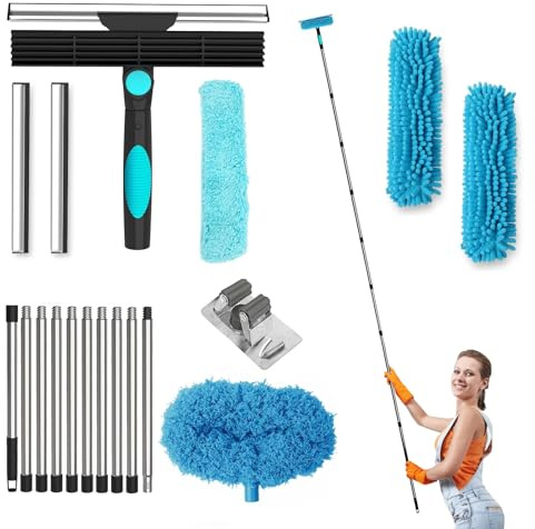 Set Limpiador de Ventanas 4 en 1, Limpiacristales con Palo Telescópico, Extensible hasta 3,9 m, Cabezal Giratoria 360°, Microfibra & Limpiacristales, Set Profesional de Limpieza de Ventanas para