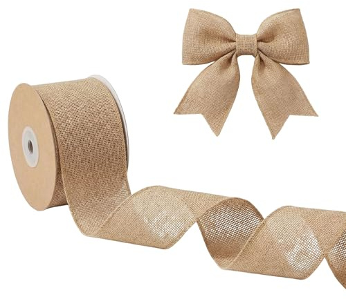 10m Braunes Juteband mit Draht, 6.4cm Breites Wired Burlap Ribbon für Weihnachtsdekoration, Rustikale Kranzschleifen, Geschenkverpackung und Bastelarbeiten (Braun)