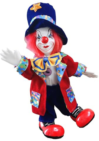 ZEPFJHE Verstellbare Keramikfigur mit beweglichem Bein und hellem Kostüm, festliche Heimdekoration, 19,1 cm, Keramik-Clown-Puppe