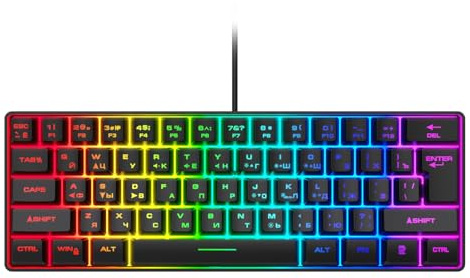 PUSOKEI Russian English Dual Language Keyboard, RGB LED Backlit Mechanical Gaming Keyboard with 61 Keys, Ergonomic Design for PC Laptop Computer (Black)
