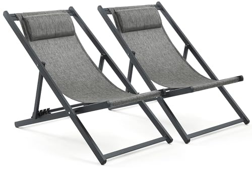 Mondeer Sonnenliege 2er Set,klappbarer Liegestuhl mit Einstellbarer Winkel | Kopfstütze und Verstellbarer Rückenlehne für Garten Pool Terrasse, Belastbarkeit 130kg,W104xD58xH95cm, Schwarz und Grau
