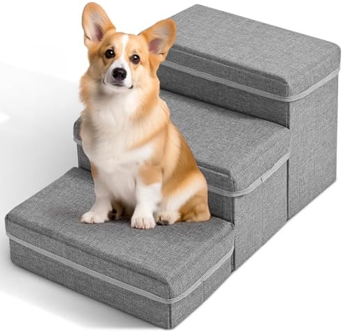 Kotsy Hundetreppe, 3 Leiter für Haustiere, Rampe für Hunde, Katzen, mit Aufbewahrungsboxen, zusammenklappbar, für Bett und Sofa