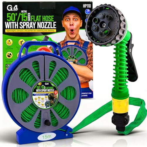 G4GADGET 50ft / 15m Flat Garden Hose Reel with 7 Function Spray Nozzle – Compact Easy Wind Flat Hose Pipe with Stand & Handle, Space Saving Water Hose for Garden Watering, Patio Cleaning & Car Wash