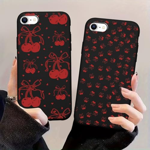 Yoedge 2 Pack Cartoon Cherry Phone Case for iPhone 7/iPhone 8/SE2020/2022 4.7,Cute Kawaii Cherry Bow Pattern Cases Aesthetic Design,Black TPU Bumper Protective Cover for Girls Women