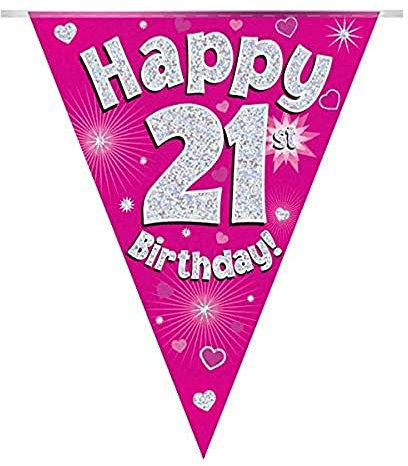 Party Bunting Happy 21st Birthday Pink Holographic 11 flags 3.9m