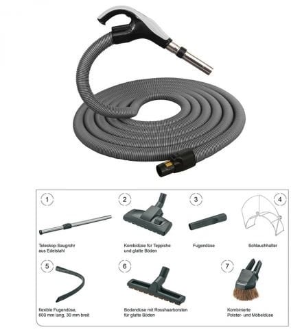 Schlauch Set mit SWIVEL-Saugschlauch 8-teilig, passend für BVC EBS Zentralstaubsauger, Länge 7,5M