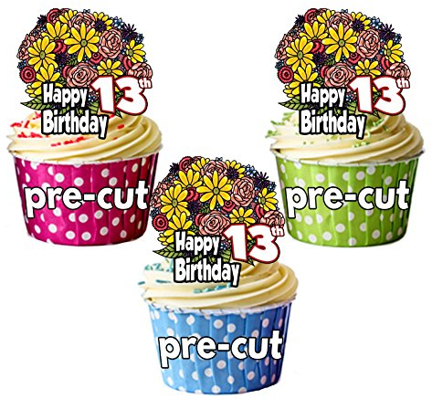 vorgeschnittenen Blumen Bouquet – 13. Geburtstag – Essbare Cupcake Topper/Kuchen Dekorationen (12 Stück)