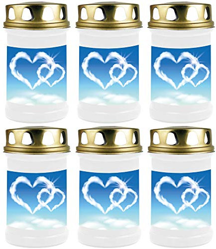 HScandle Grabkerze - 6er Pack - (Weiß) Grablicht ca. 48h Brenndauer je Kerze - Motiv: Herz