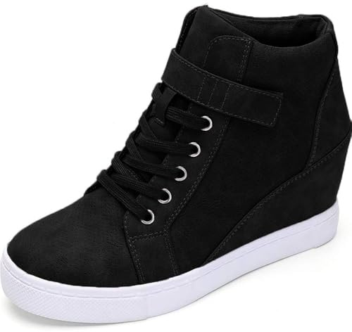Athlefit Women's Lace Up Wedge Sneakers Ankle Booties Black Size 8