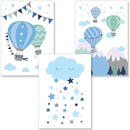 PREMYO Bilder Kinderzimmer Deko Jungen - Heißluft-Ballon Poster Set Babyzimmer - Wandbilder Schlafzimmer Wolke Blau A4