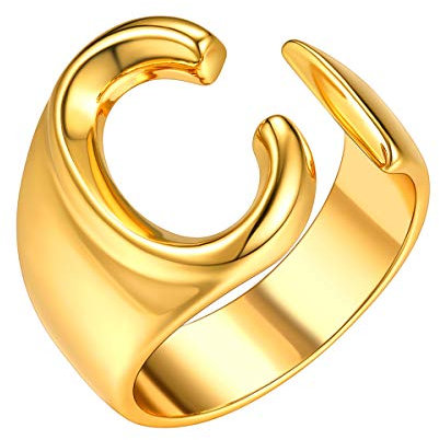 FOCALOOK Damen Party Ring 18k vergoldet Buchstabe C Offener Ring verstellbarer Knöchelring Fingerring mit Initiale goldfarben Modeschmuck Accessoire für Frauen Mädchen