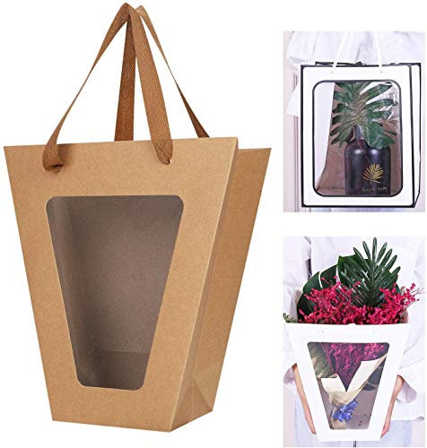 10pcs Sacs en Papier avec Poignées Fenêtre Transparente Sacs-cadeaux de Fleurs Sac Fourre-tout à Bouquet Sac de Fête Bonbons Cookies Sac de Plantes en Pot Sac d'Emballage Mariage Anniversaire Noël